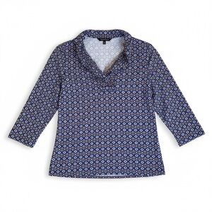 J McLaughlin Durham Ruffle Top Catalina Cloth Blue Geometric Print Medium